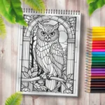 Carte de colorat vitraliu cu bufnita