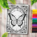 Carte de colorat vitraliu cu fluture
