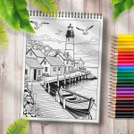 Carte de colorat pentru adulti sat la malul marii