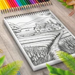 Carte de colorat pentru adulti peisaj campie